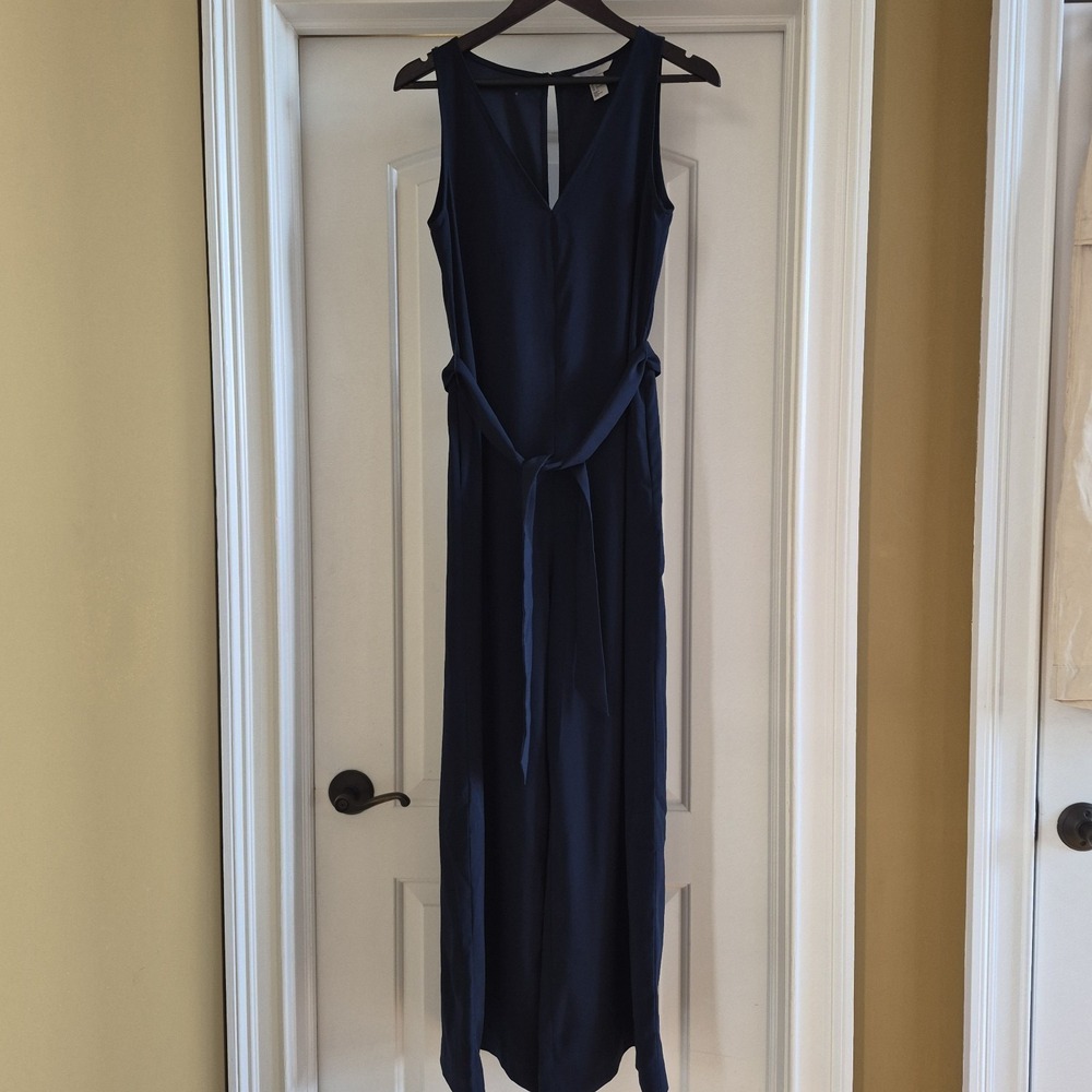 H&M Navy Wide-Leg Sleeveless‎ Jumpsuit Belted V-Neck Women's Size 2